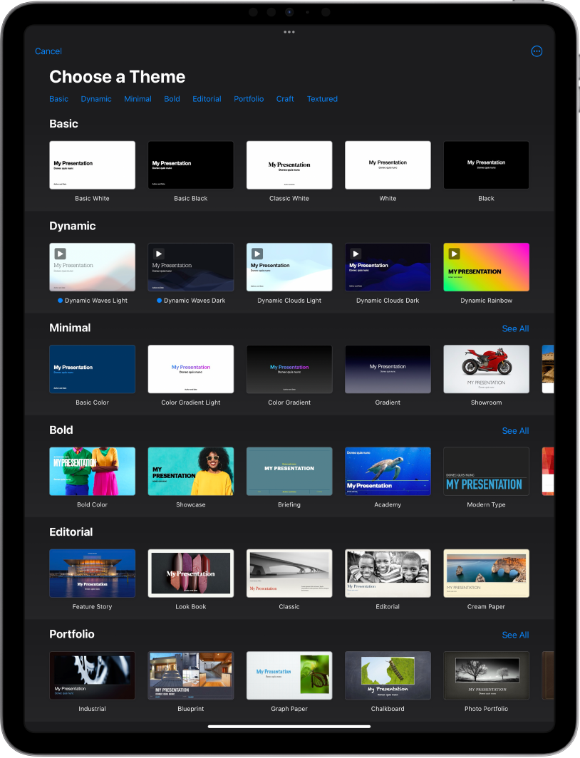 The theme chooser, showing a row of categories across the top that you can tap to filter the options. Below are thumbnails of predesigned themes arranged in rows by category.