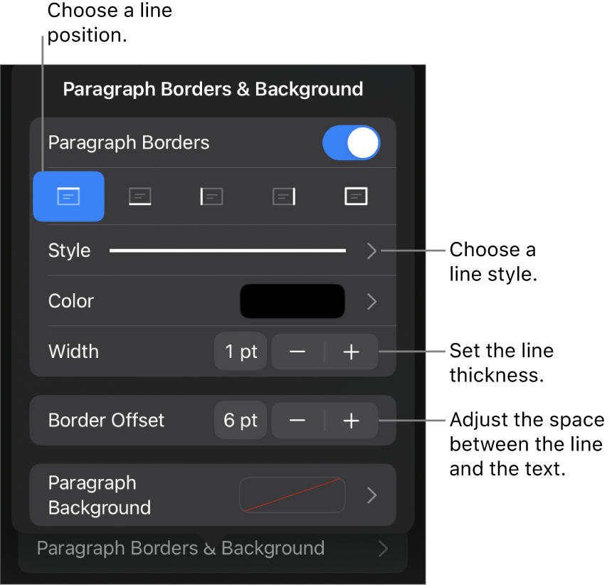 Controls to change the line style, thickness, position, and color.