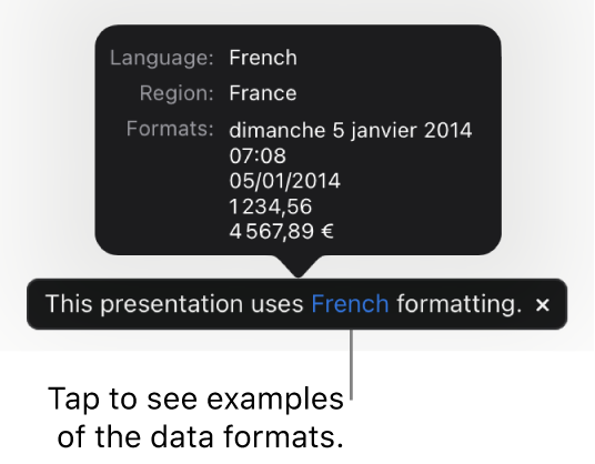 The notification of the different language and region setting, showing examples of the formatting in that language and region.