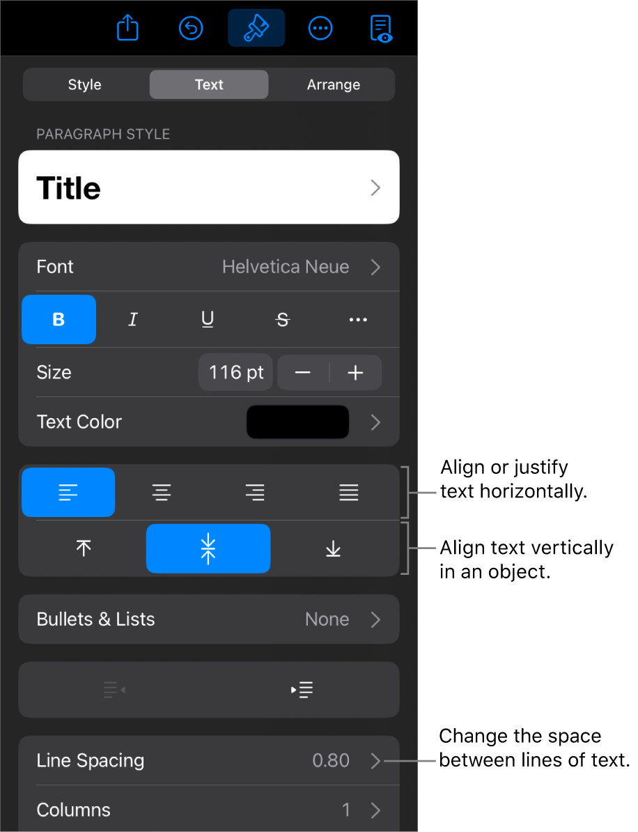 The Layout pane with callouts to the text alignment and spacing buttons.