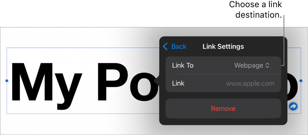 The Link Settings controls with Webpage selected, and the Remove button at the bottom.