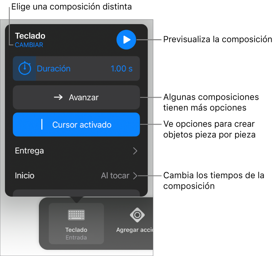 Las opciones de composición incluyen los tiempos de duración, entrega e inicio. Toca Cambiar para seleccionar una composición distinta, o toca Previsualización para previsualizar la composición.