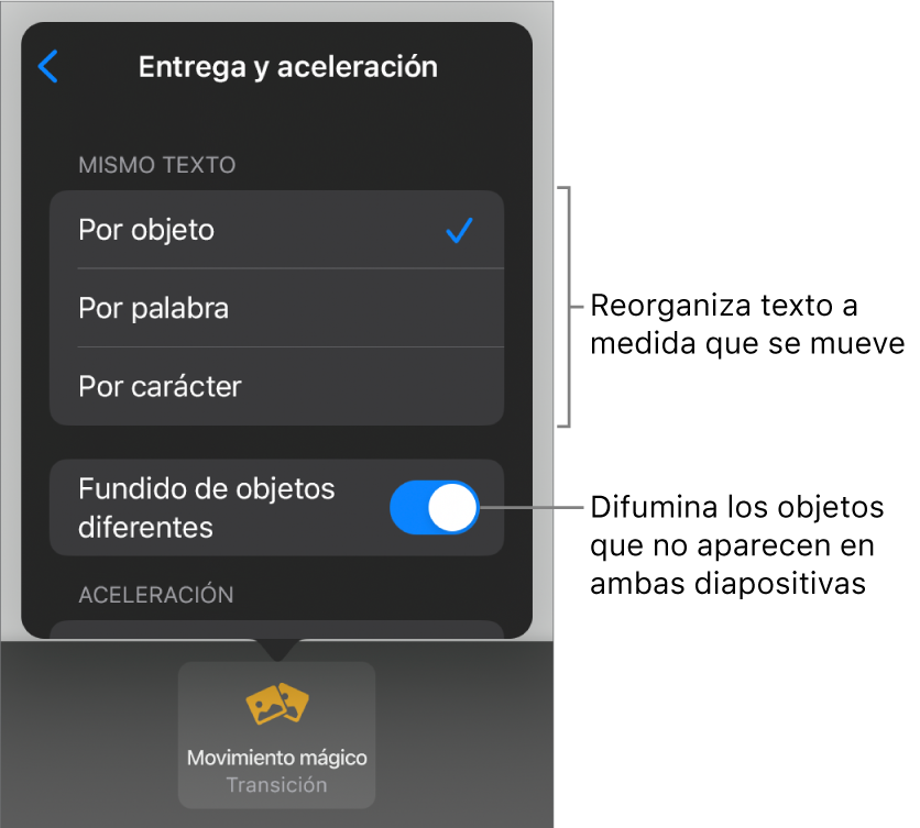 Opciones Entrega y Aceleración de Movimiento mágico en el panel Aceleración.