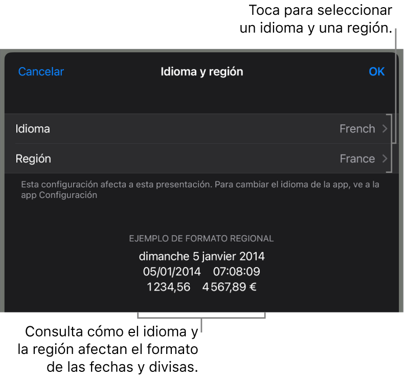 El panel Idioma y región con controles para el idioma y la región, y un ejemplo de formato que incluye una fecha, una hora, y formatos decimales y de moneda.