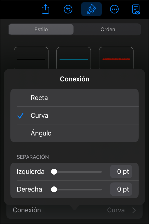 Los controles de Conexión con la opción Curva seleccionada.