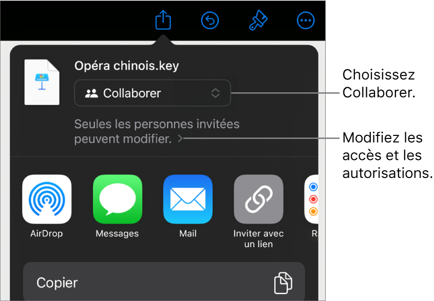 Le menu Partager avec l’option Collaborer sélectionnée en haut, et des réglages d’accès et d’autorisation en dessous.