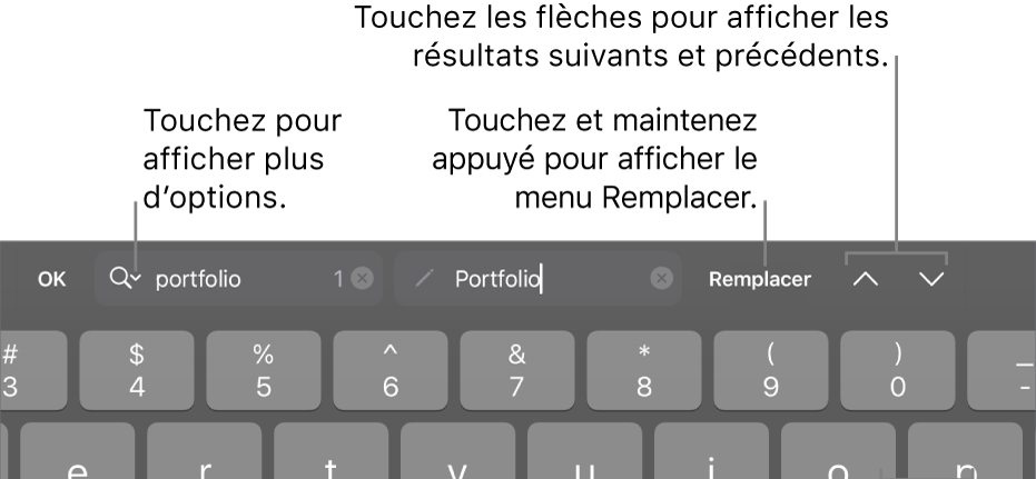 Les commandes de Rechercher et remplacer au-dessus du clavier avec des légendes pour les boutons Options de recherche, Remplacer, Monter et Descendre.