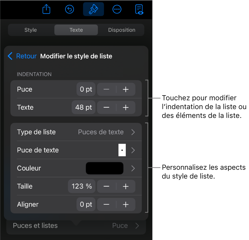 Le menu « Modifier le style de liste » avec des commandes permettant de modifier le type et l’apparence de la liste.