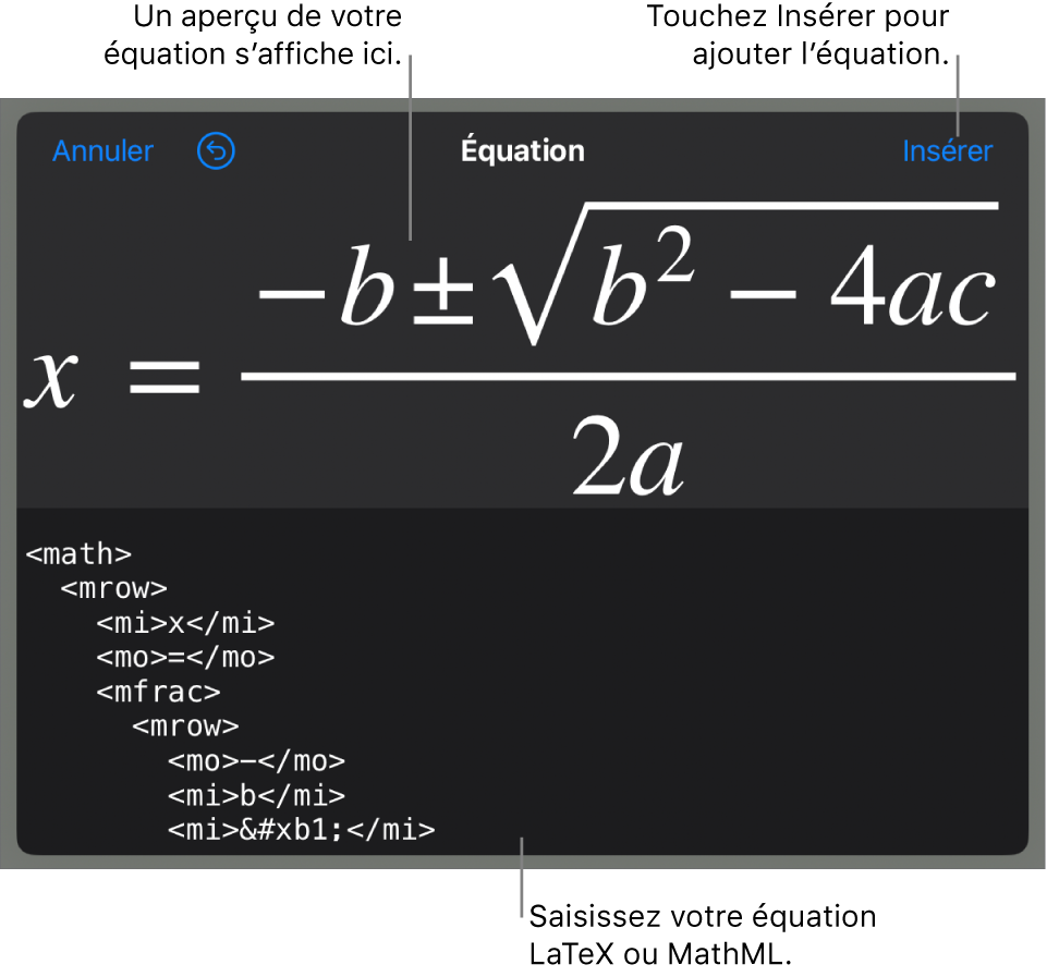 Zone de dialogue Équation, affichant une équation composée à l’aide des commandes MathML, et un aperçu de la formule au-dessus.