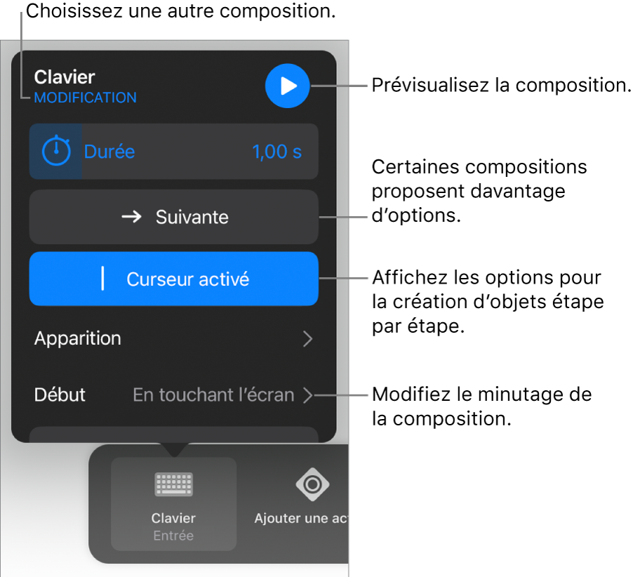 Les options de composition comprennent les options de minutage Durée, Apparition et Début. Touchez Modifier pour sélectionner une autre composition ou touchez Aperçu pour afficher un aperçu de la composition.