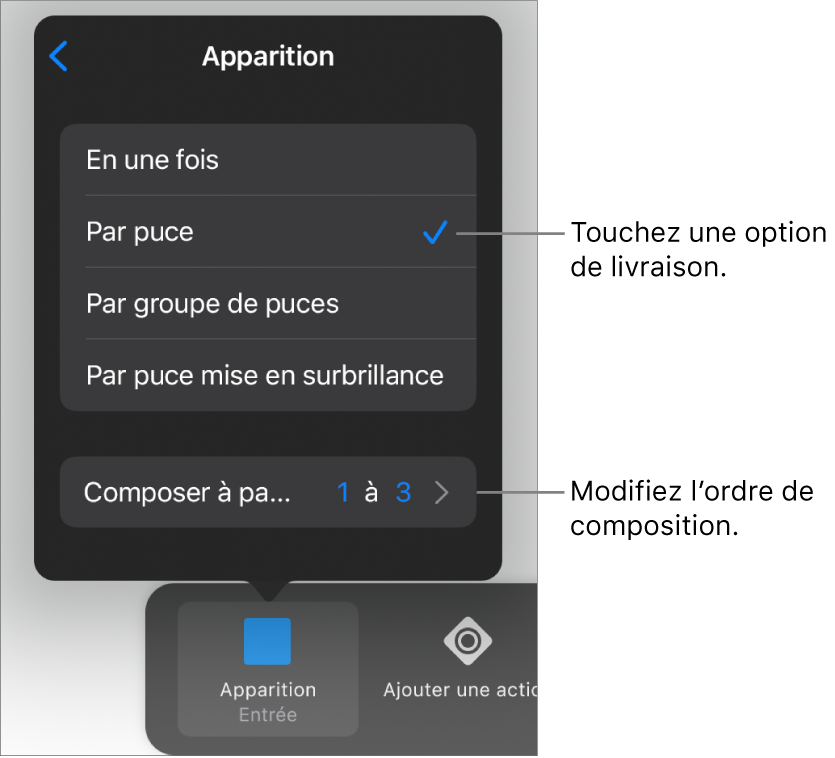 Options d’apparition de la sous-fenêtre Entrée.