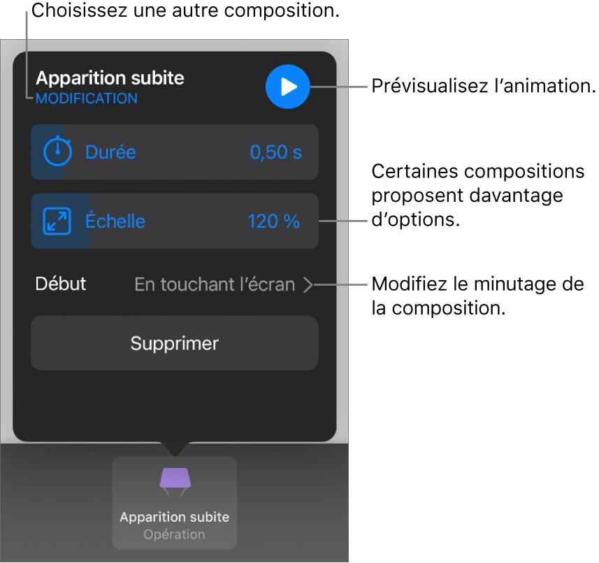 Les options de composition comprennent les options de minutage Durée et Début. Touchez Modifier pour sélectionner une autre composition ou touchez Aperçu pour afficher un aperçu de la composition.