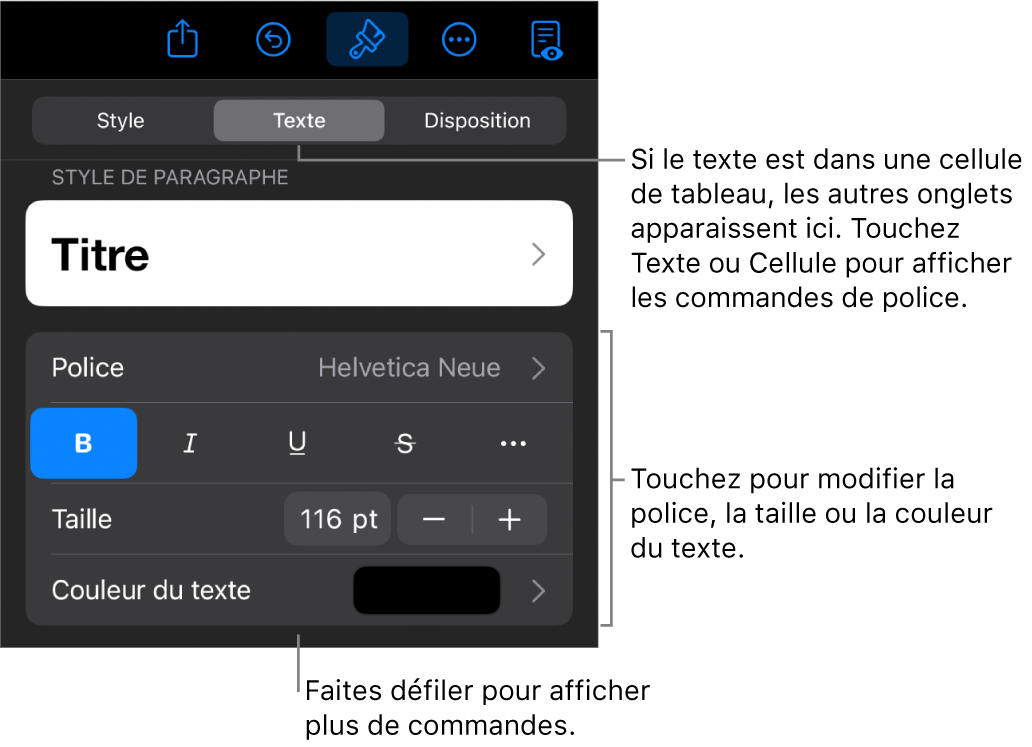 Commandes de texte du menu Format permettant de définir les styles, la police, la taille et la couleur des paragraphes et des caractères.