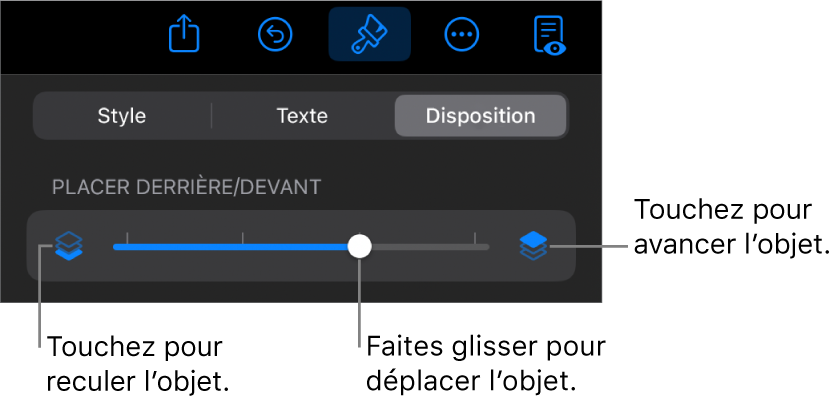 Le bouton de déplacement vers l’arrière, le bouton de déplacement vers l’avant et le curseur de superposition.