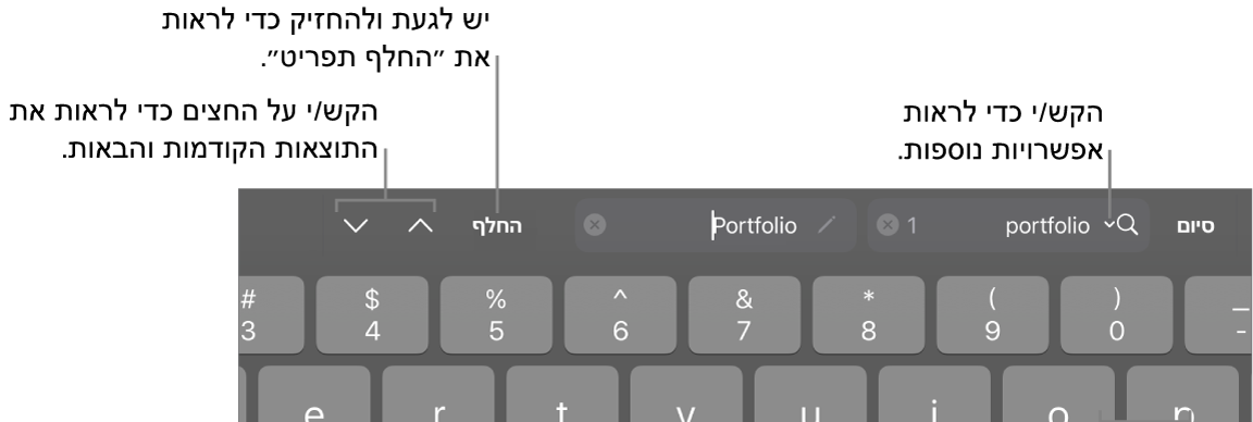פקדי ״חפש והחלף״ מעל למקלדת עם הסברים לכפתורים ״אפשרויות חיפוש״, ״החלף״ ומעבר למעלה/מעבר למטה.