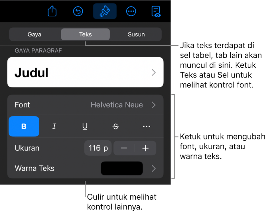 Kontrol teks di menu Format untuk mengatur paragraf dan gaya karakter, font, ukuran, dan warna.