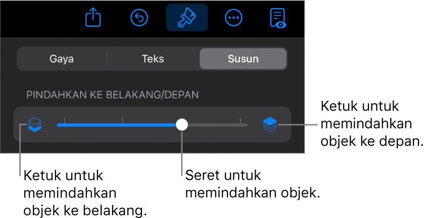 Tombol Pindahkan ke Belakang, tombol Pindahkan ke Depan, dan penggeser lapisan.