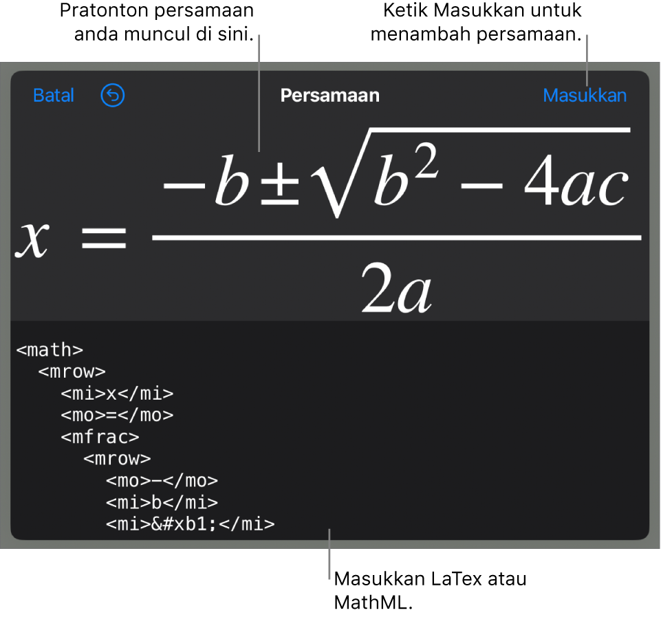 Dialog Persamaan, menunjukkan persamaan yang ditulis menggunakan perintah MathML manakala pratonton formulanya di atas.