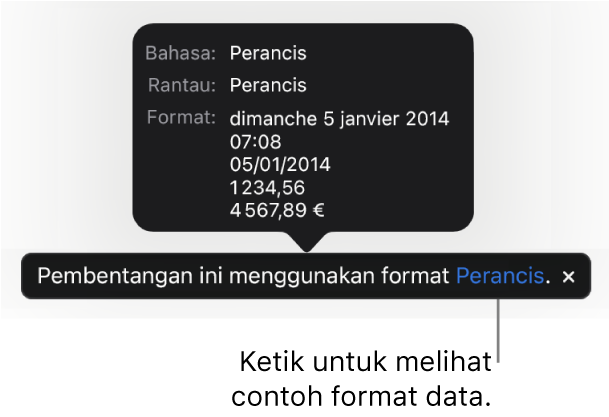 Pemberitahuan seting bahasa dan rantau berbeza, menunjukkan contoh format dalam bahasa dan rantau itu.