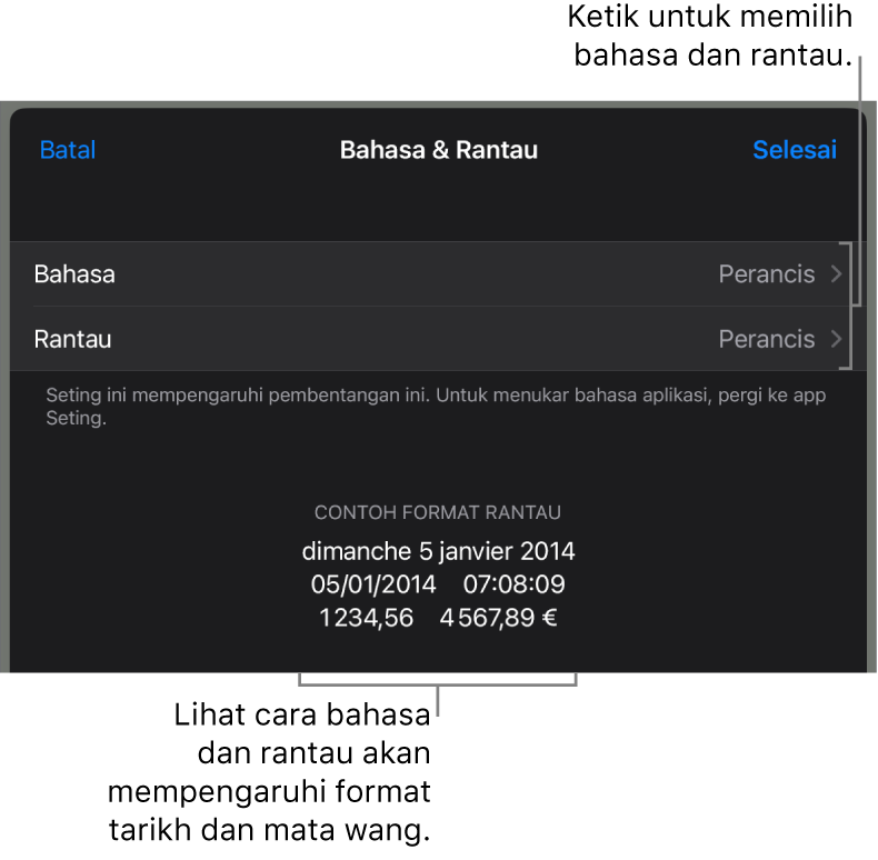 Anak tetingkap Bahasa dan Rantau dengan kawalan untuk bahasa dan rantau, serta contoh format termasuk tarikh, masa, perpuluhan dan mata wang.