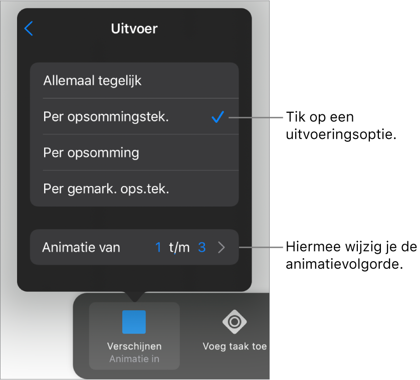 Uitvoeringsopties in het paneel 'Animatie in'.