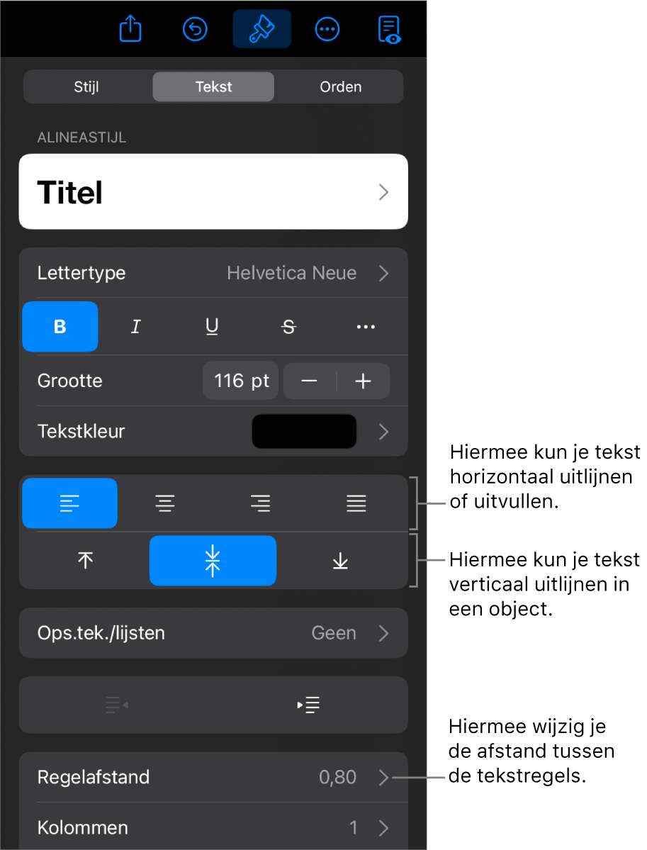 Het paneel 'Lay-out' met uitleg bij tekstuitlijn- en afstandsknoppen.