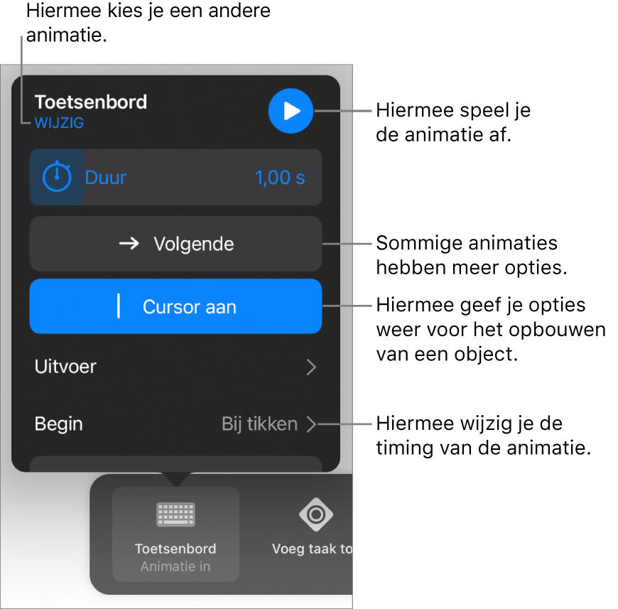 Je kunt opties instellen als 'Duur', 'Uitvoer' en 'Begin'. Tik op 'Wijzig' om een andere animatie te kiezen. Tik op 'Toon' voor een voorvertoning van de animatie.