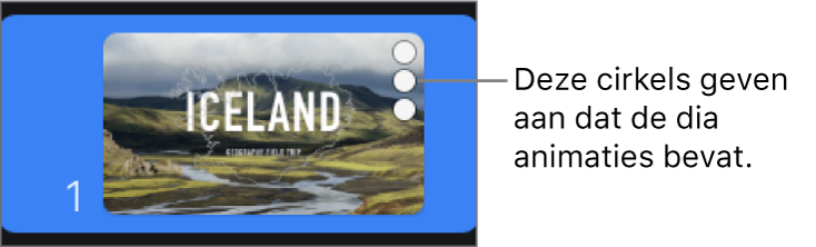 Een dia met drie cirkels in de rechterbovenhoek om aan te geven dat de dia animaties bevat.