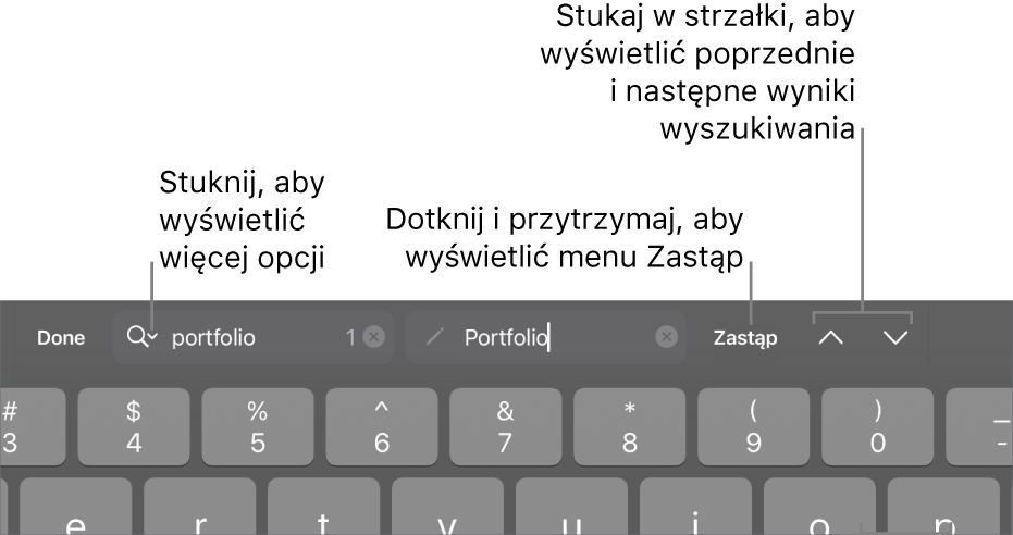 Narzędzia Znajdź i zastąp nad klawiaturą. Objaśnienia wskazują przyciski Opcje wyszukiwania, Zastąp, Do góry oraz W dół.