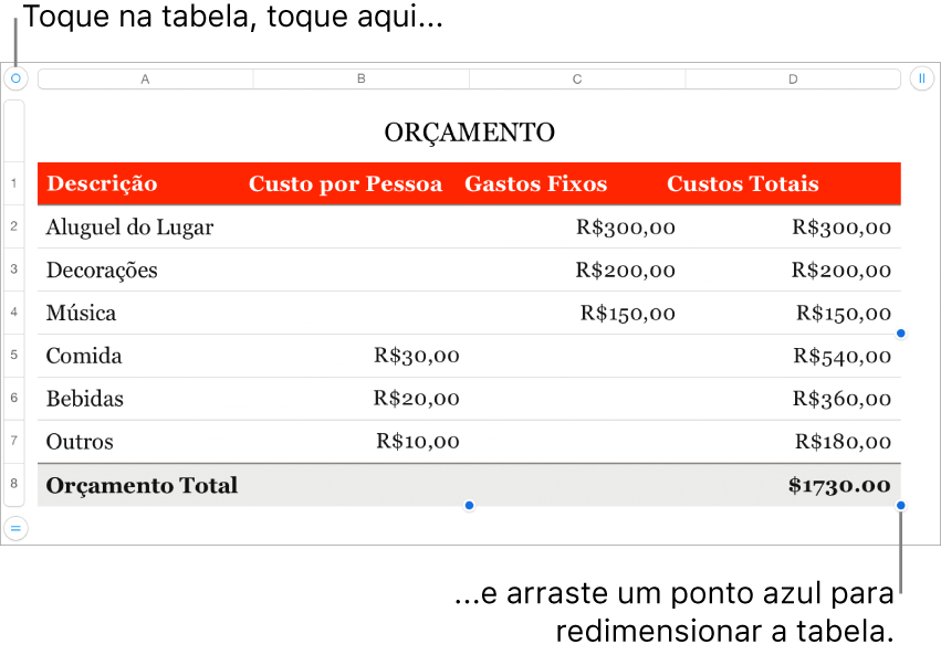 Tabela selecionada com pontos azuis para redimensionamento.