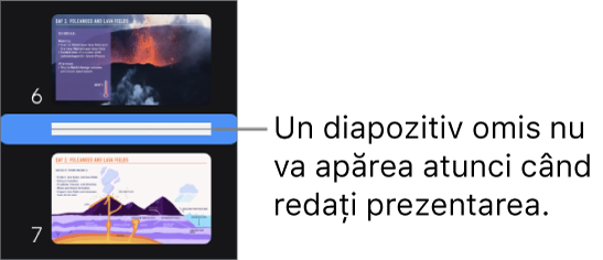 Navigatorul de diapozitive cu un diapozitiv omis, afișat ca linie orizontală.