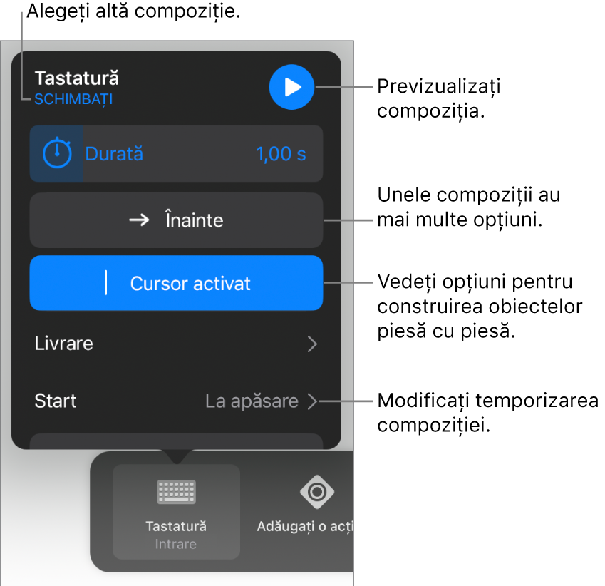 Opțiunile de compoziție includ Durata, Livrare și Începere temporizare. Apăsați Schimbați pentru a alege o altă compoziție sau apăsați Preafișează pentru a previzualiza compoziția.