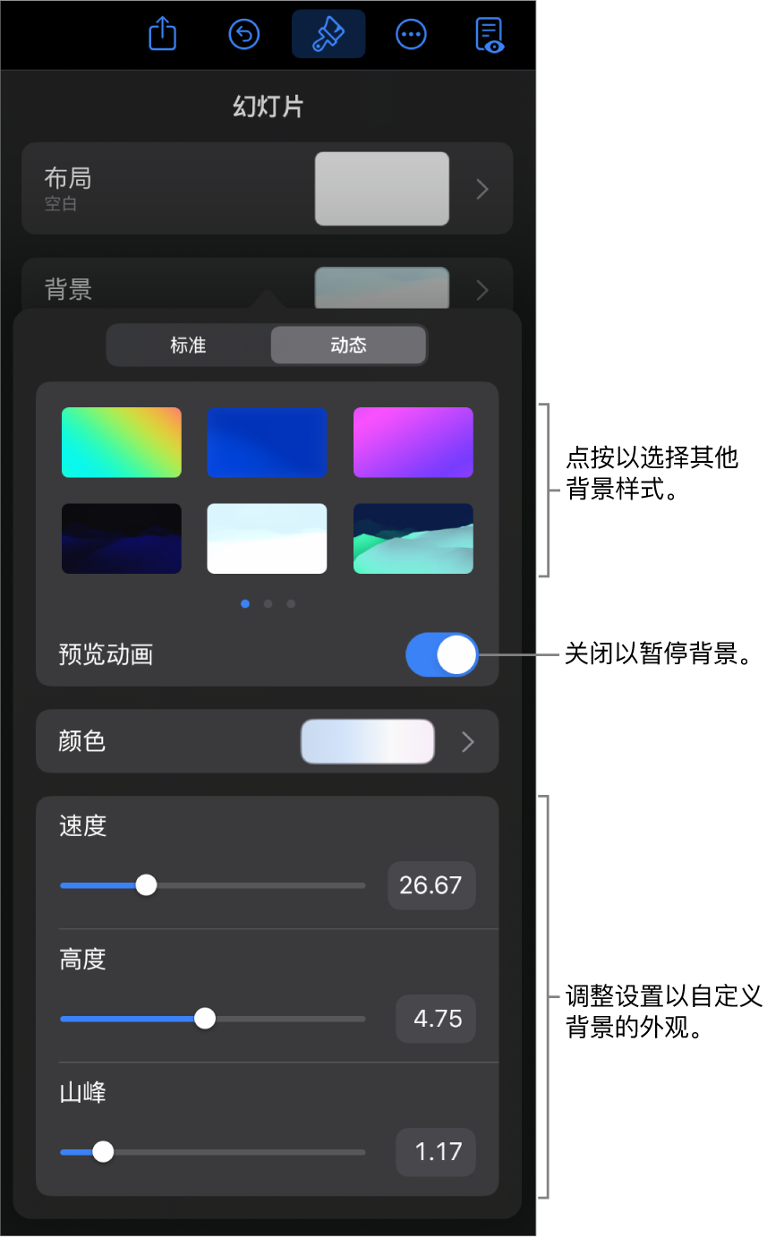动态背景控制，同时还显示了背景样式缩略图、“预览动画”按钮和自定义控制。