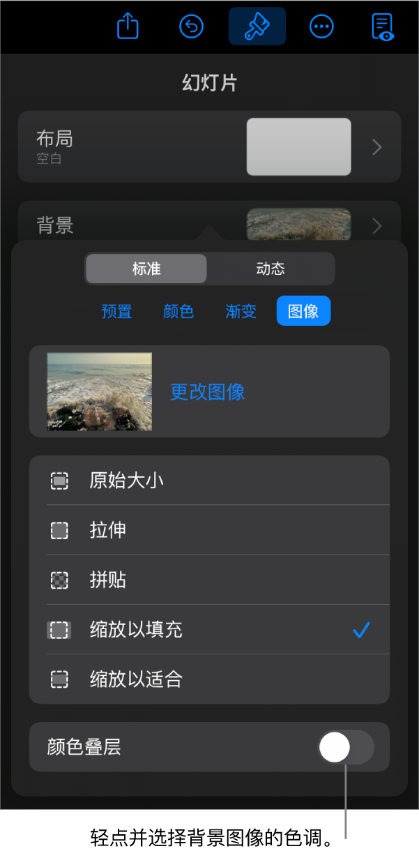 “背景”控制，其中图像设为幻灯片背景，底部为“颜色叠层”控制。