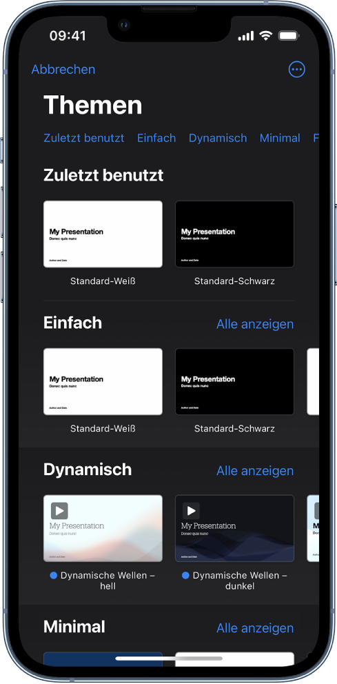  Die Themenauswahl zeigt oben eine Zeile mit Kategorien, auf die du tippen kannst, um die Optionen zu filtern. Darunter sind Miniaturen der vordefinierten Themen in Zeilen nach Kategorie sortiert.