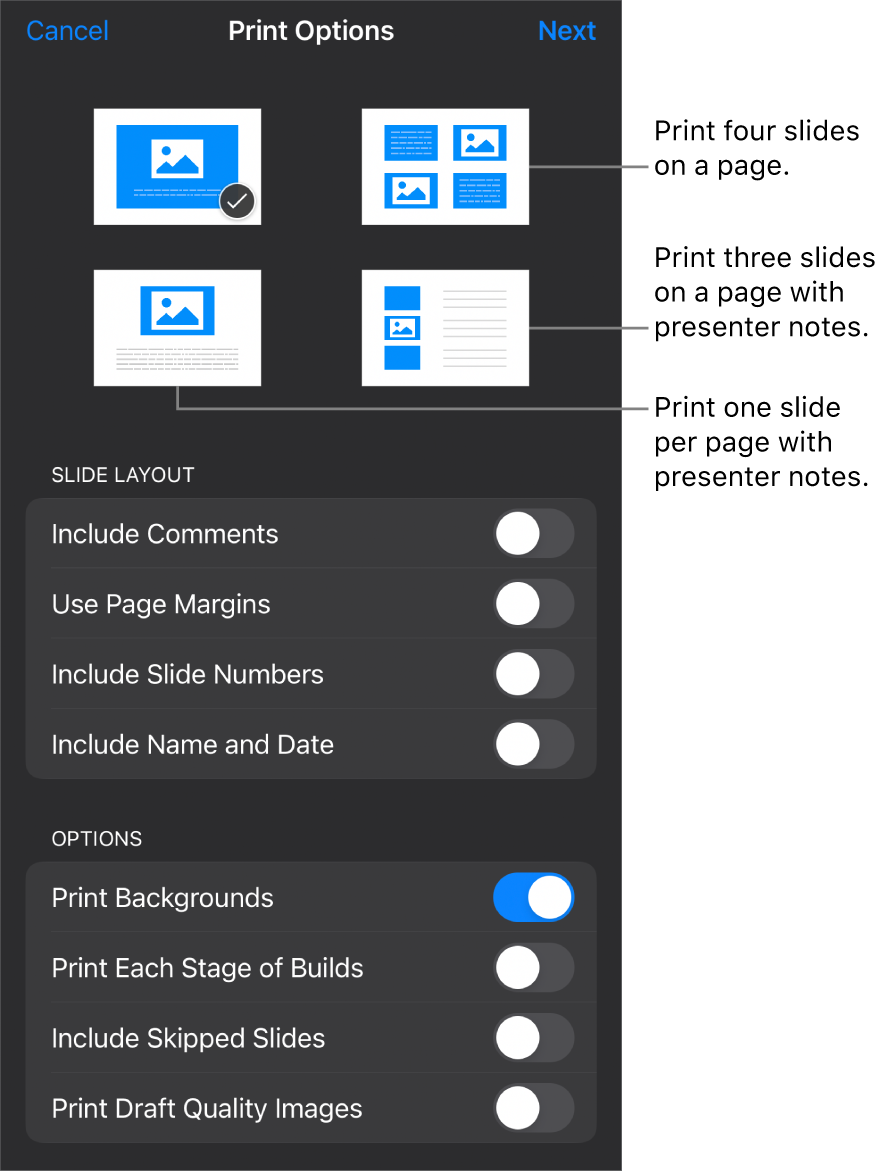 Print layout options.