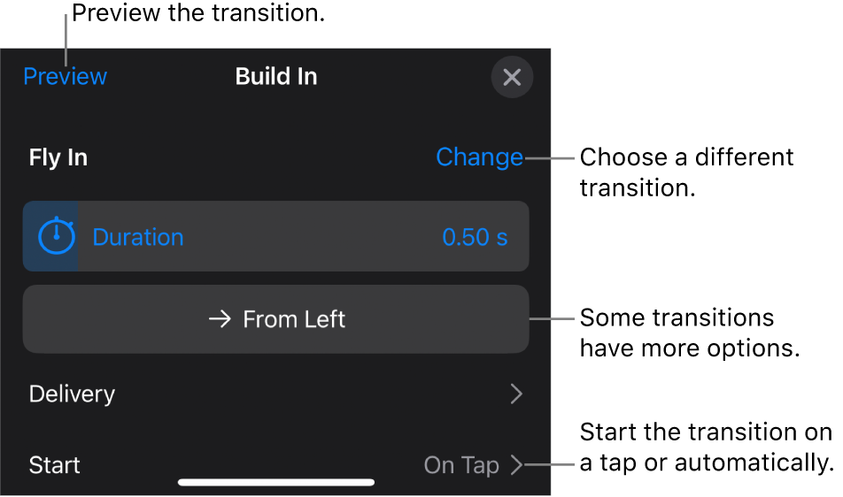 Controls in the Options pane for modifying a transition.