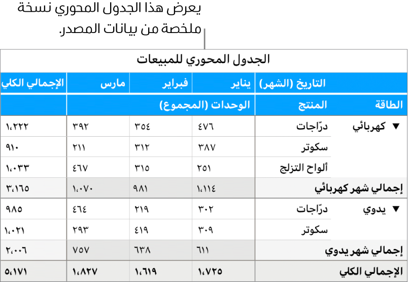 جدول محوري يعرض بيانات ملخصة للدراجات، والسكوتر، وألواح التزلج، مع عناصر تحكم للكشف عن بيانات معينة.