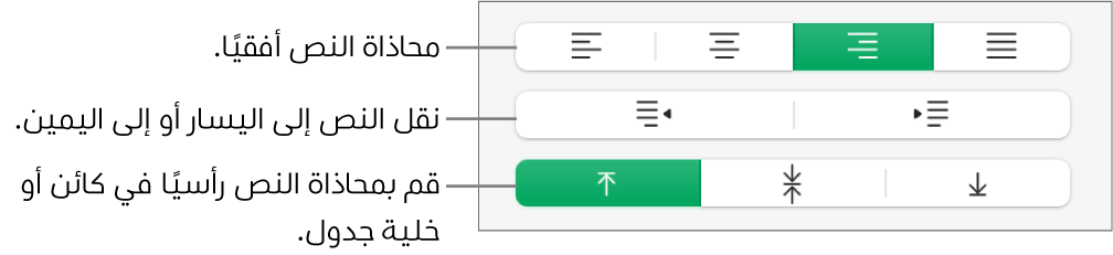 قسم المحاذاة في الشريط الجانبي التنسيق مع وسائل شرح لأزرار محاذاة النص.