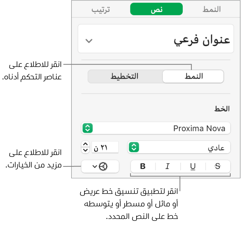 عناصر التحكم في النمط بالشريط الجانبي مع وسائل شرح للأزرار عريض ومائل وتسطير ويتوسطه خط.