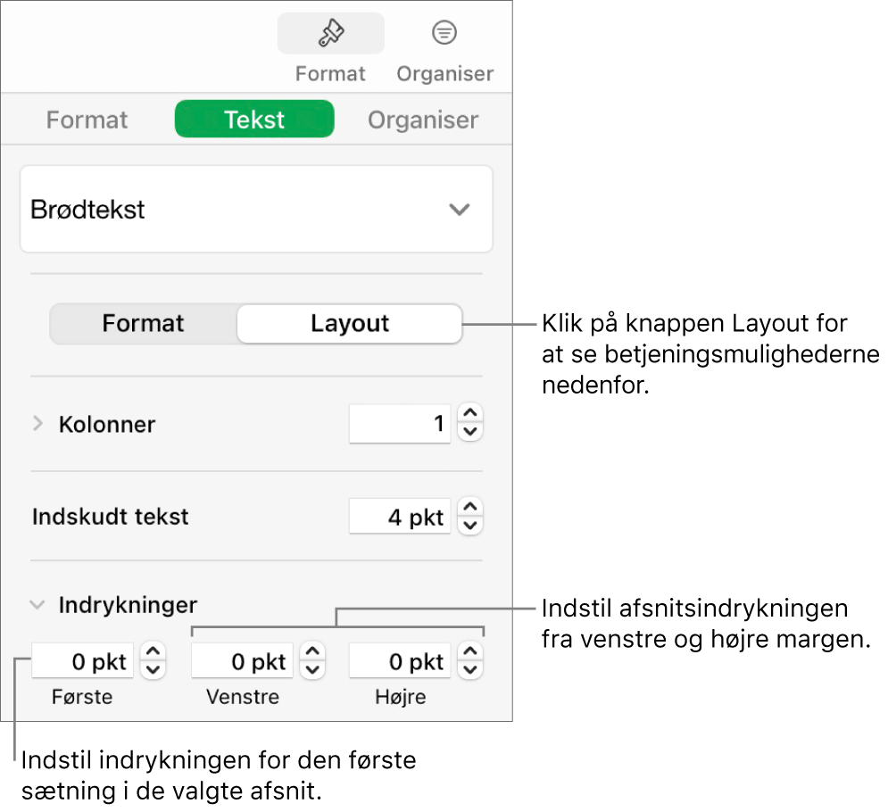 Layout i indholdsoversigten Format med betjeningsmuligheder til indstilling af første linjes indrykning og afsnitsmargener.