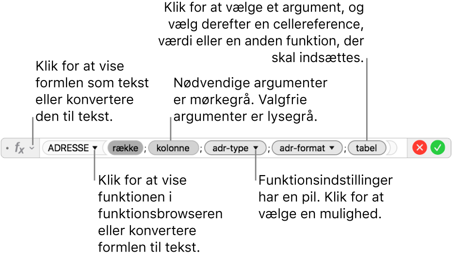 Formelværktøjet, der viser funktionen ADRESSE og dens argumentmærker.