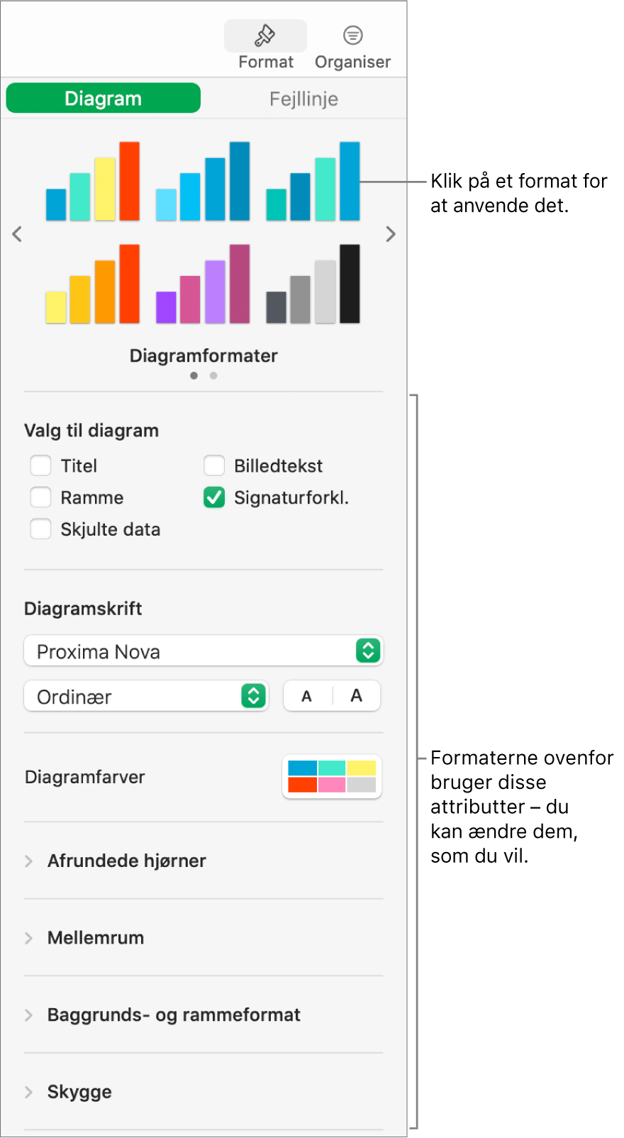 Indholdsoversigten Formatering, der viser betjeningsmuligheder til formatering af diagrammer.