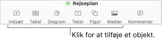 Numbers-vinduet med billedforklaringer til objektknapperne på værktøjslinjen.