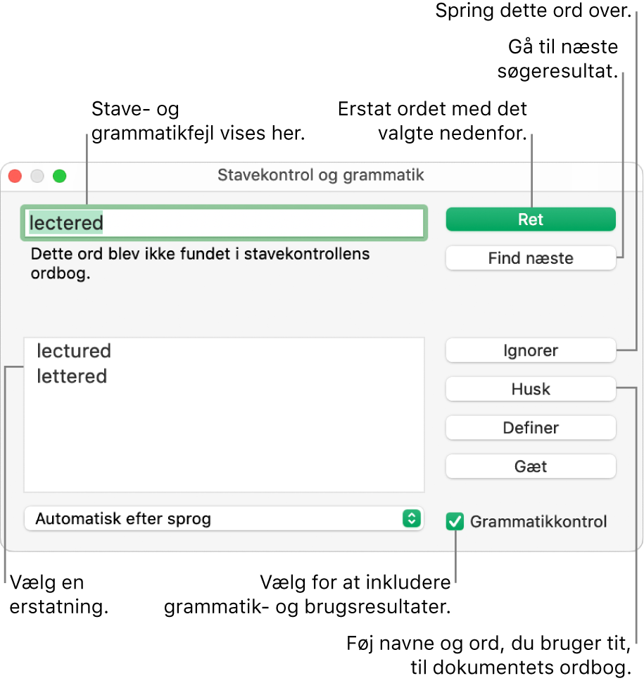 Vinduet Stavekontrol og grammatik.