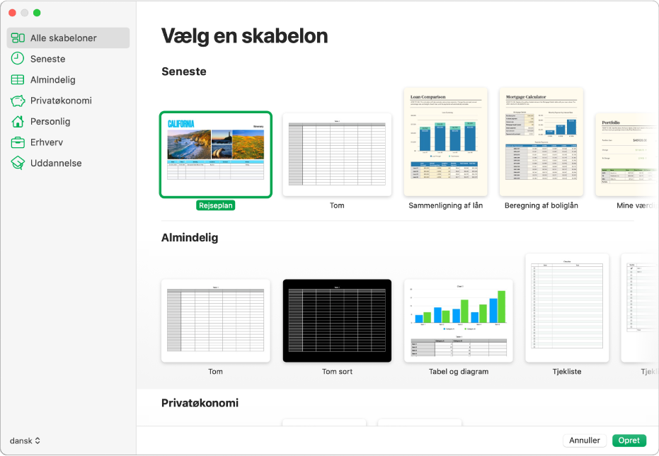 Skabelonvælgeren. I en indholdsoversigt til venstre ses skabelonkategorier, du kan klikke på for at filtrere mulighederne. Til højre ses miniaturer af færdige skabeloner opstillet i rækker efter kategori.