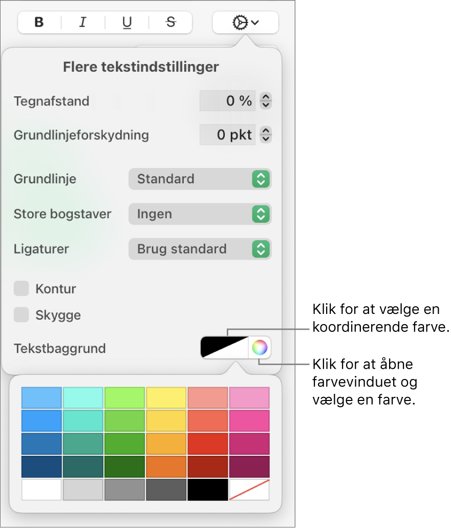 Betjeningsmuligheder til valg af tegnfyld.