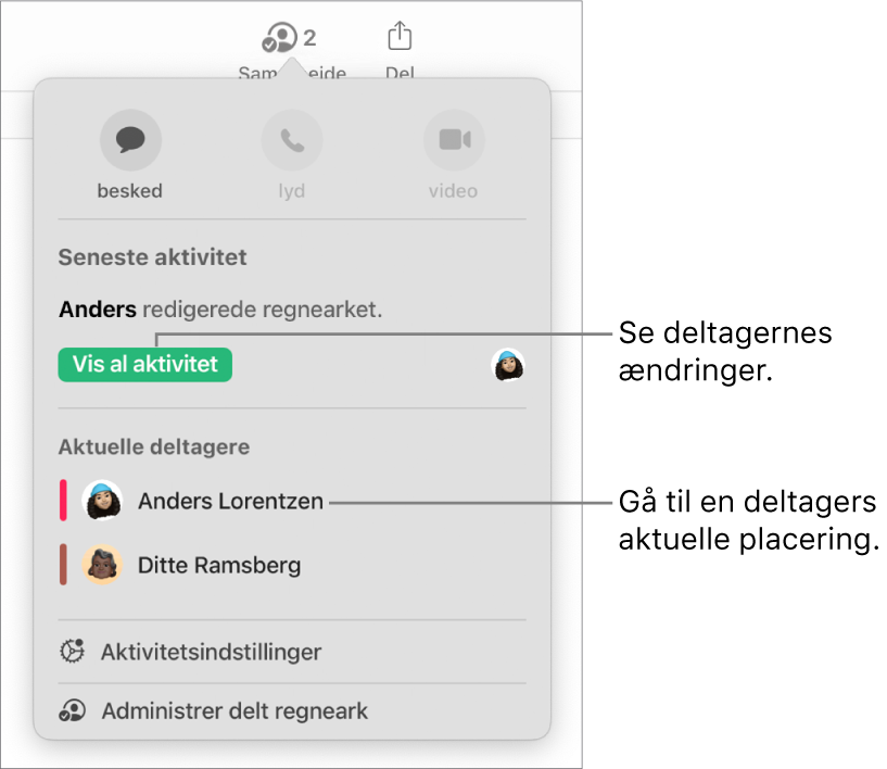 Samarbejdsmenuen, hvor to aktuelle deltagere er angivet.