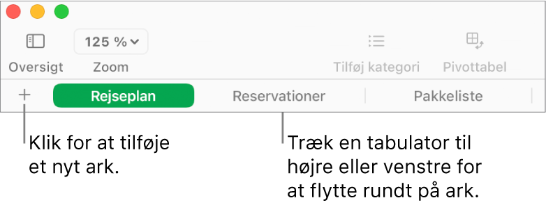 Fanelinjen til tilføjelse af et nyt ark og organisering af ark.