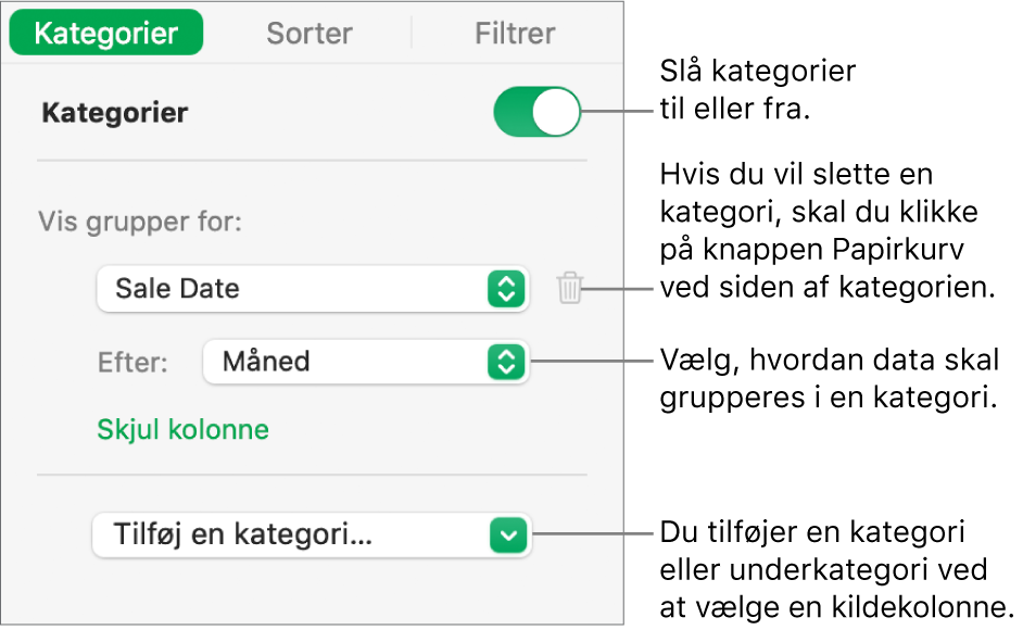 Indholdsoversigten for kategorier med muligheder for at slå kategorier fra, slette kategorier, omgruppere data, skjule en kildekolonne og tilføje kategorier.